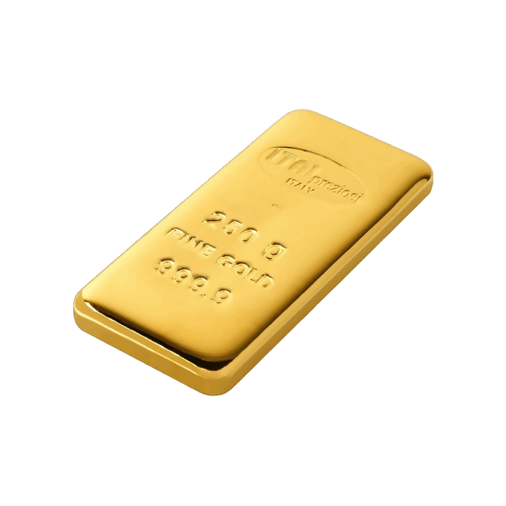 Un lingotto d'oro da 250 grammi, con la dicitura ORO PURO 999,9, è visualizzato su uno sfondo bianco.