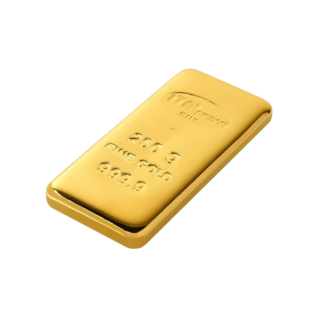 A Lingote de oro 250gr, con inscripciones "250 g FINE GOLD 999.9" en su superficie, reposa sobre un fondo blanco.