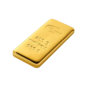 A Lingote de oro 250gr, con inscripciones "250 g FINE GOLD 999.9" en su superficie, reposa sobre un fondo blanco.