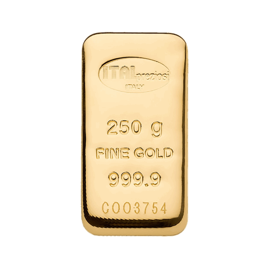 Il Lingotto Oro 250gr è un lingotto d'oro lucido con la dicitura ITAL Preziosi ITALIA, 250 g ORO FINE 999,9 e il numero di serie C003754 sulla superficie.