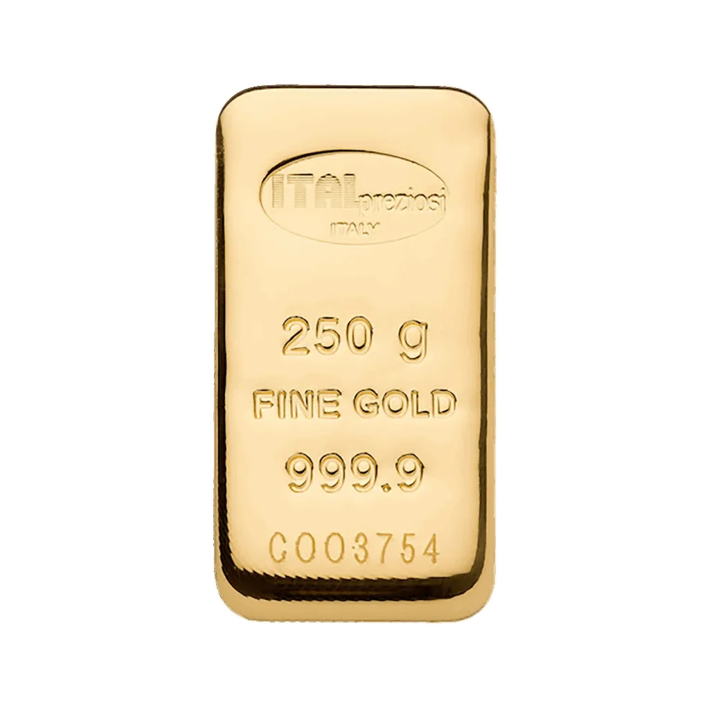 Il Lingotto Oro 250gr è un lingotto d'oro lucido con la dicitura ITAL Preziosi ITALIA, 250 g ORO FINE 999,9 e il numero di serie C003754 sulla superficie.