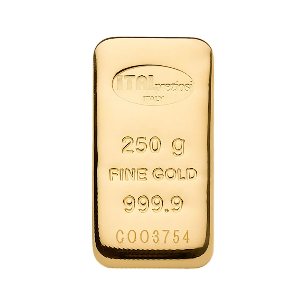 Un Lingote de oro 250gr marcado "ITAL preziosi ITALY", "250 g FINE GOLD 999.9" y el número de serie "C003754" sobre fondo blanco.