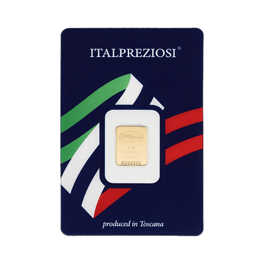 Il Lingotto Oro 2gr è un lingotto d'oro in confezione con il logo Italpreziosi, strisce verdi, bianche e rosse come la bandiera italiana e la scritta "prodotto in Toscana" in basso.