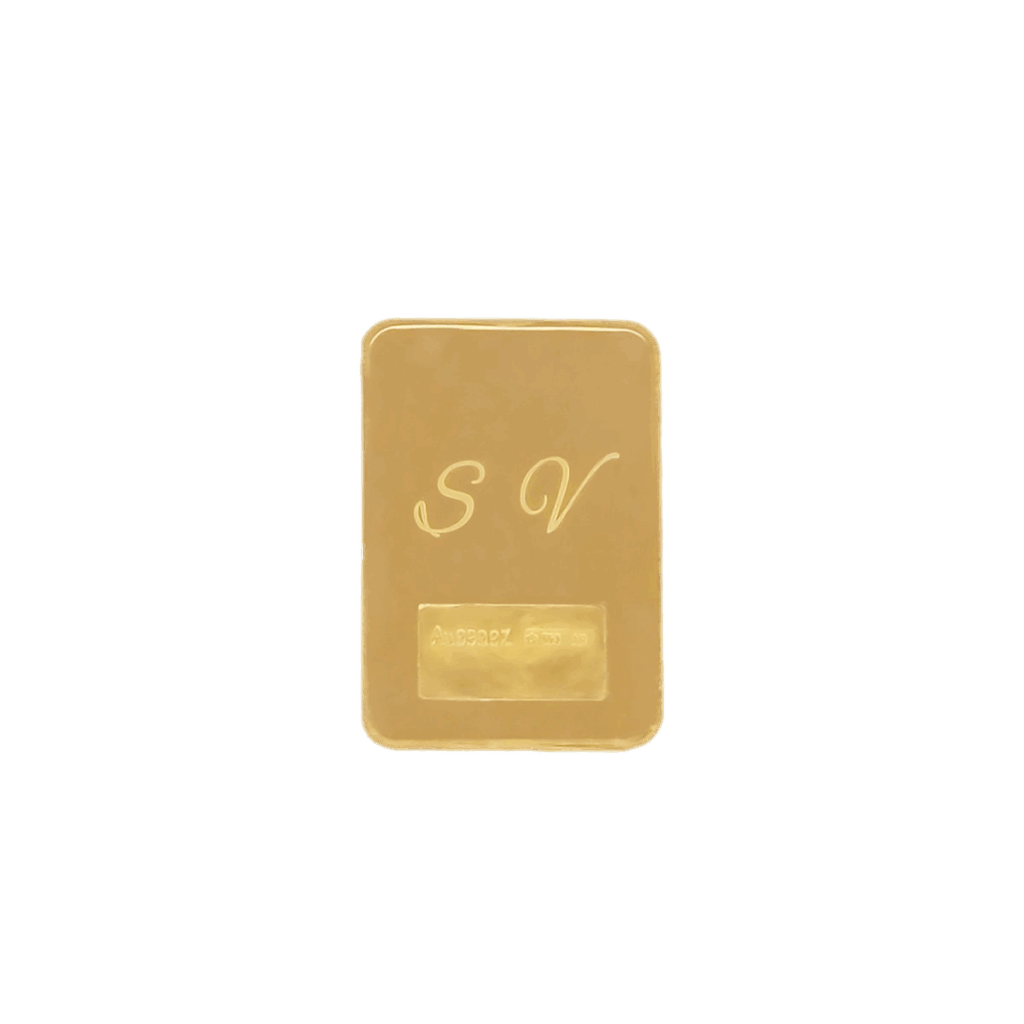 Un lingotto Oro 2gr rettangolare presenta l'incisione SV nella parte superiore e una sezione rettangolare in rilievo con un testo piccolo e indistinto vicino alla parte inferiore, il tutto su uno sfondo bianco.