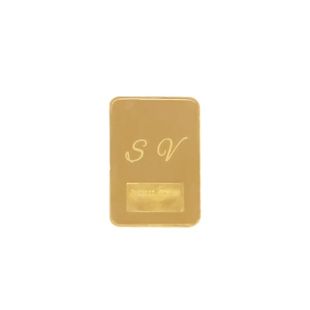 Lingote de oro de 2 gr, rectangular con letras SV grabadas y una pequeña zona rectangular en blanco debajo, sobre fondo blanco liso.
