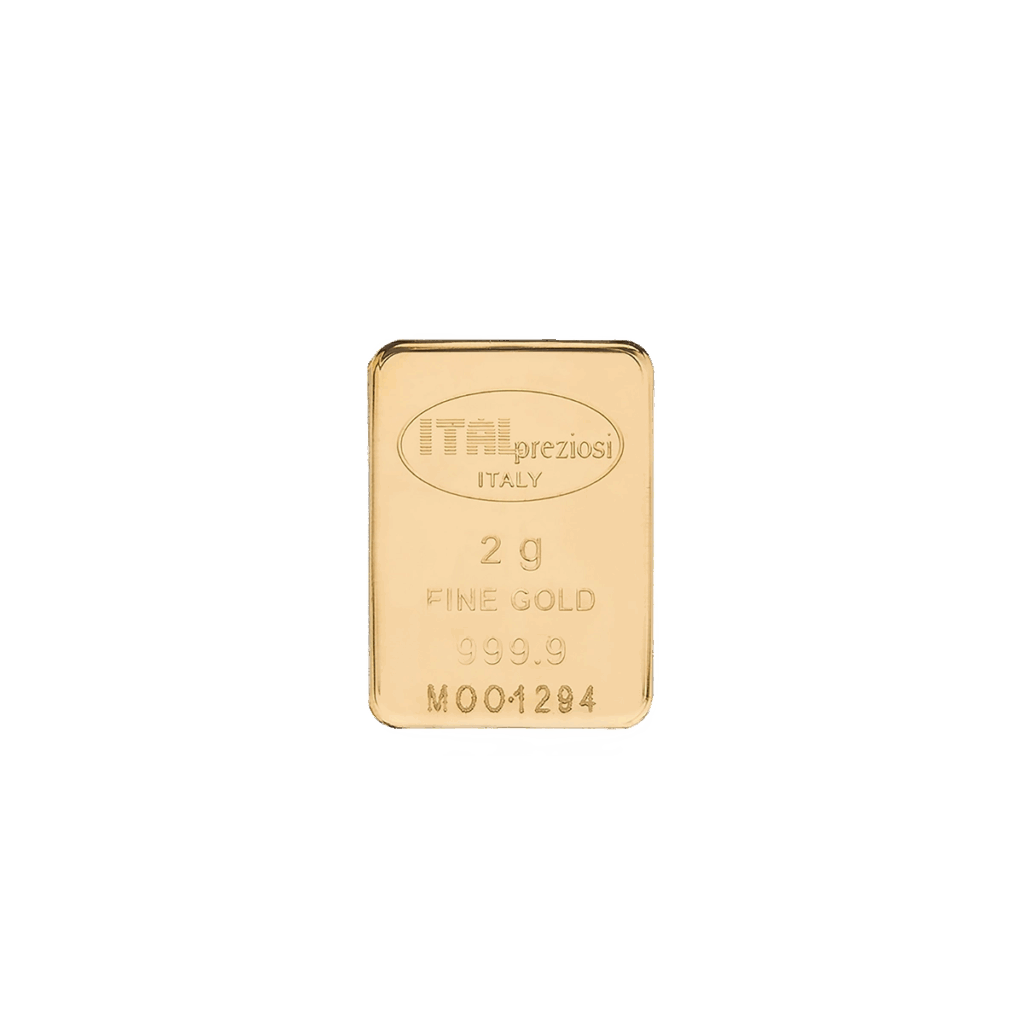 Il Lingotto Oro 2gr è un piccolo lingotto d'oro rettangolare del peso di 2 grammi, marcato ITalpreziosi ITALIA 2g ORO FINE 999,9 M001284, raffigurato su sfondo bianco.