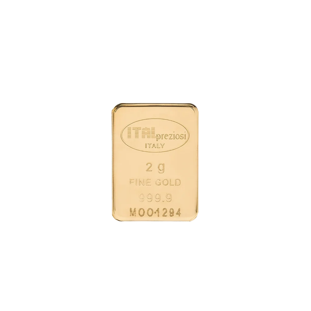 Lingote de oro de 2 gramos con el sello ITALpreziosi ITALY, 2g FINE GOLD 999.9 y el número de serie M001284 sobre fondo blanco.