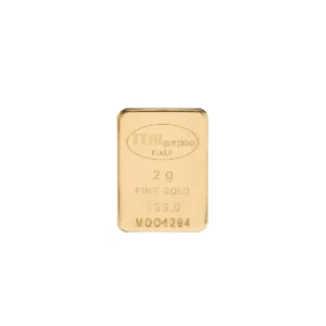 Lingote de oro de 2 gramos con el sello ITALpreziosi ITALY, 2g FINE GOLD 999.9 y el número de serie M001284 sobre fondo blanco.