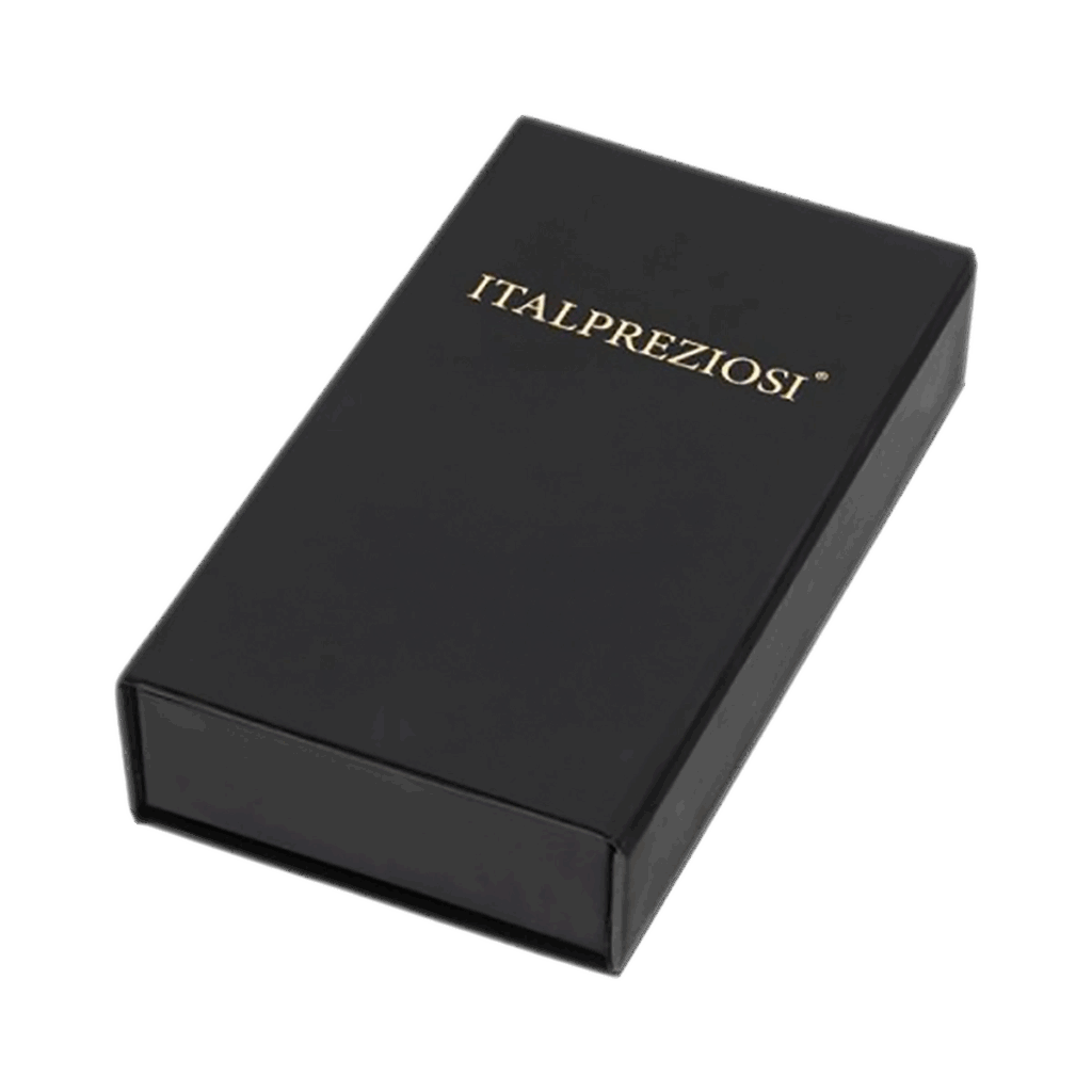 Una scatola rettangolare nera con "ITALPREZIOSI" in lettere dorate sul coperchio, contenente il Lingotto Oro 500gr, visualizzato su sfondo bianco.