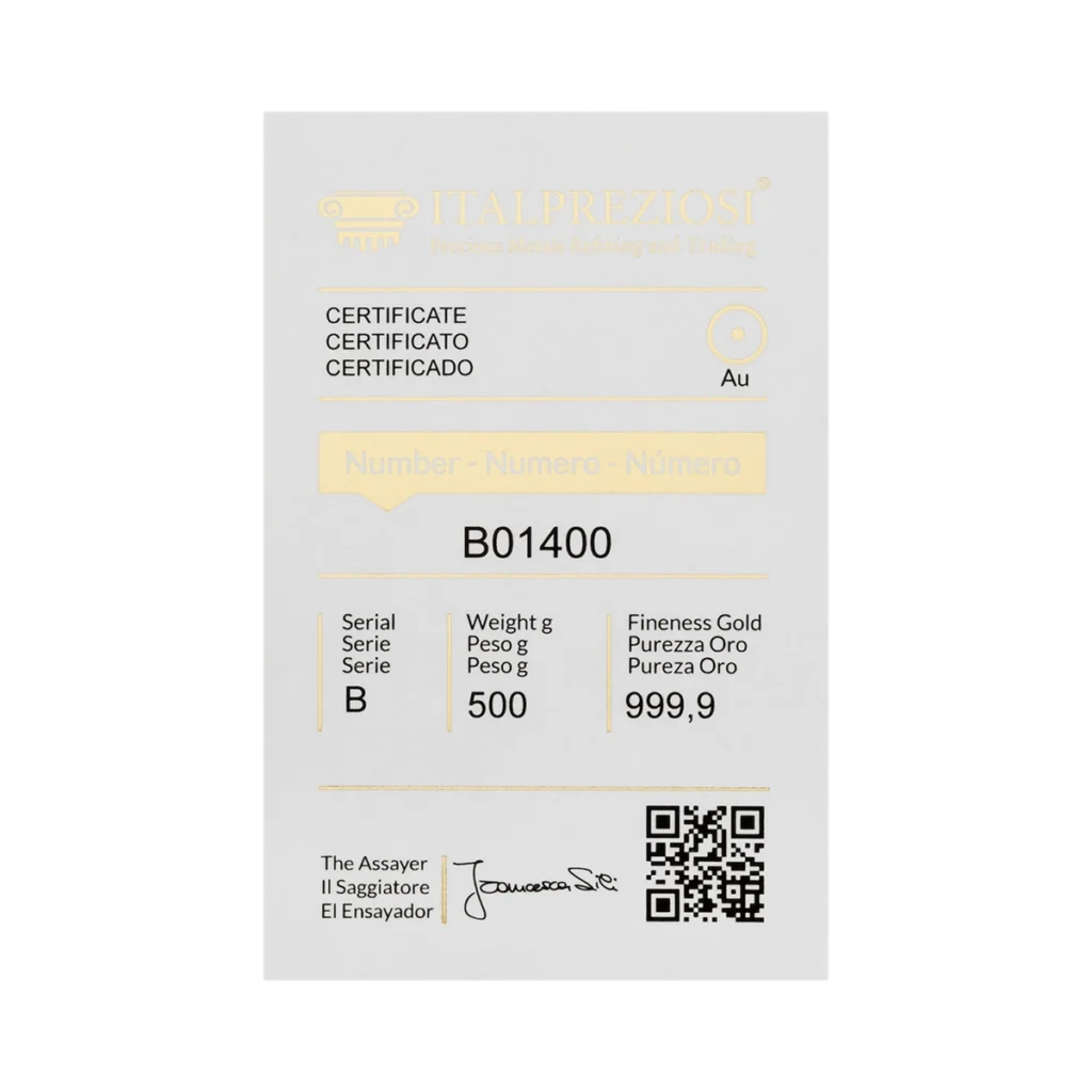 Un certificado de Italpreziosi para el Lingote de oro 500gr, número de serie B01400, oro fino 999,9. Incluye un código QR, firmas y texto bilingüe en italiano e inglés.