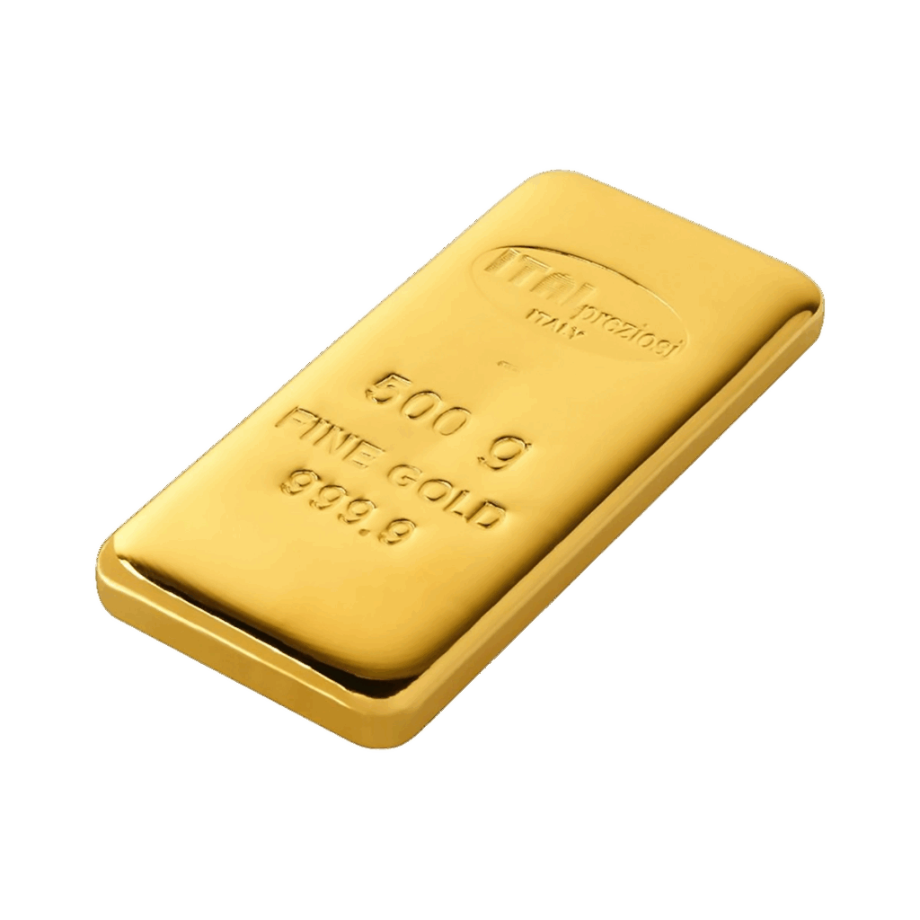 Il Lingotto Oro 500gr, un lingotto d'oro lucido del peso di 500 grammi, è visualizzato su uno sfondo bianco. Presenta l'incisione ORO FINE 999,9 e una superficie liscia e riflettente.