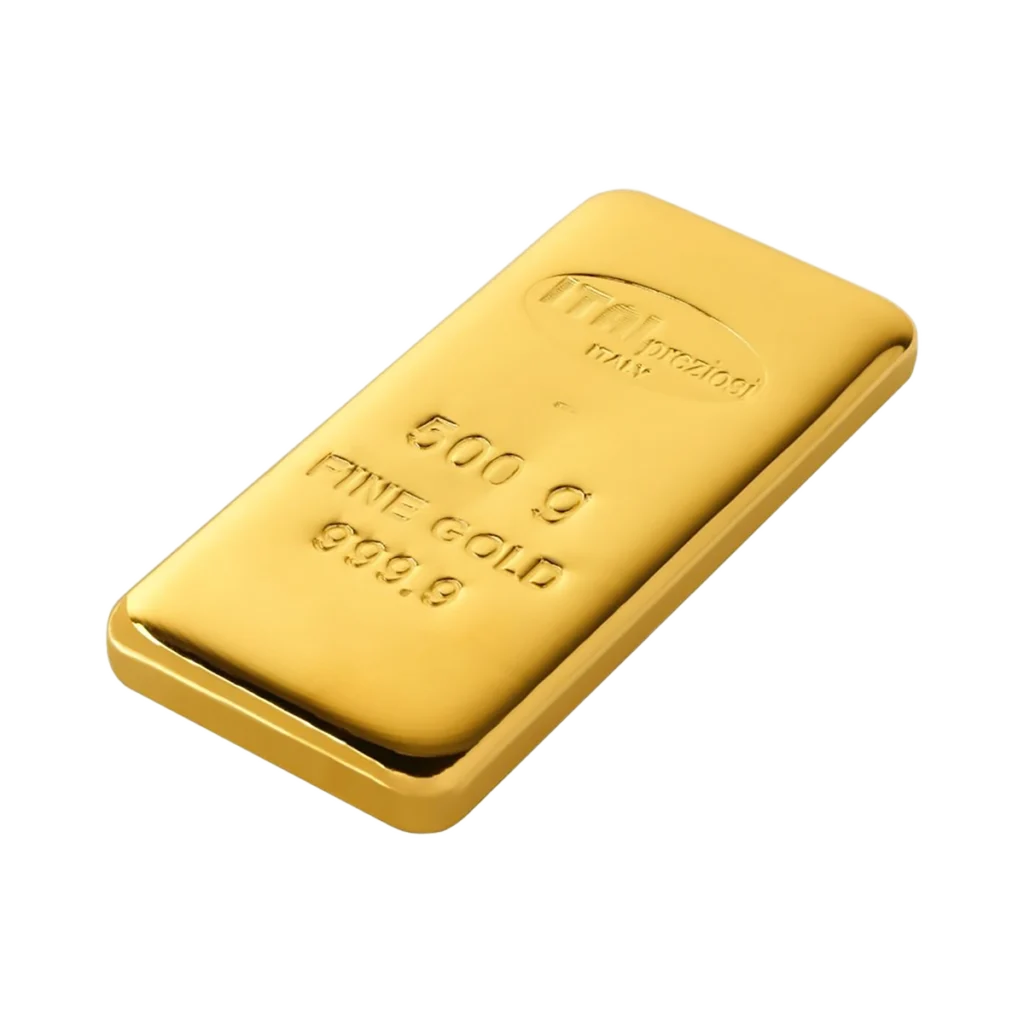 Sobre fondo blanco aparece un Lingote de oro 500gr. El lingote lleva el sello FINE GOLD 999.9, junto con otras marcas que indican su pureza y peso.