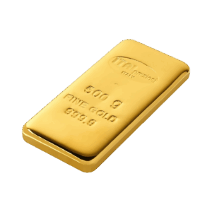 Il Lingotto Oro 500gr, un lingotto d'oro lucido del peso di 500 grammi, è visualizzato su uno sfondo bianco. Presenta l'incisione ORO FINE 999,9 e una superficie liscia e riflettente.