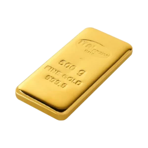 Sobre fondo blanco aparece un Lingote de oro 500gr. El lingote lleva el sello FINE GOLD 999.9, junto con otras marcas que indican su pureza y peso.