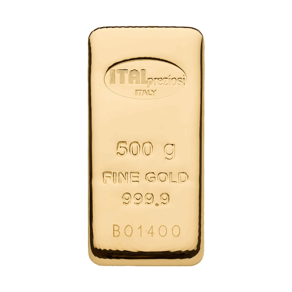 Il Lingotto Oro 500gr è un lingotto d'oro lucido con la dicitura ITALpreziosi ITALIA, 500 g, ORO FINE 999,9 e il numero di serie B01400, caratterizzato da bordi lisci e finitura riflettente.