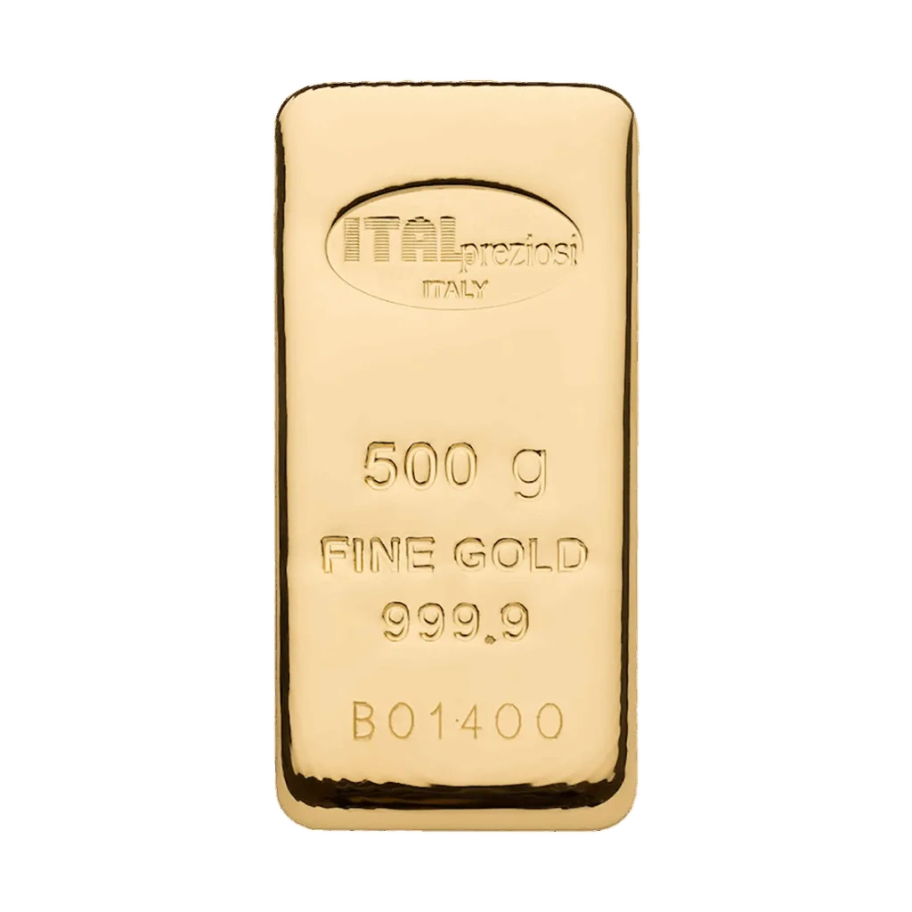 Il Lingotto Oro 500gr è un lingotto d'oro lucido con la dicitura ITALpreziosi ITALIA, 500 g, ORO FINE 999,9 e il numero di serie B01400, caratterizzato da bordi lisci e finitura riflettente.