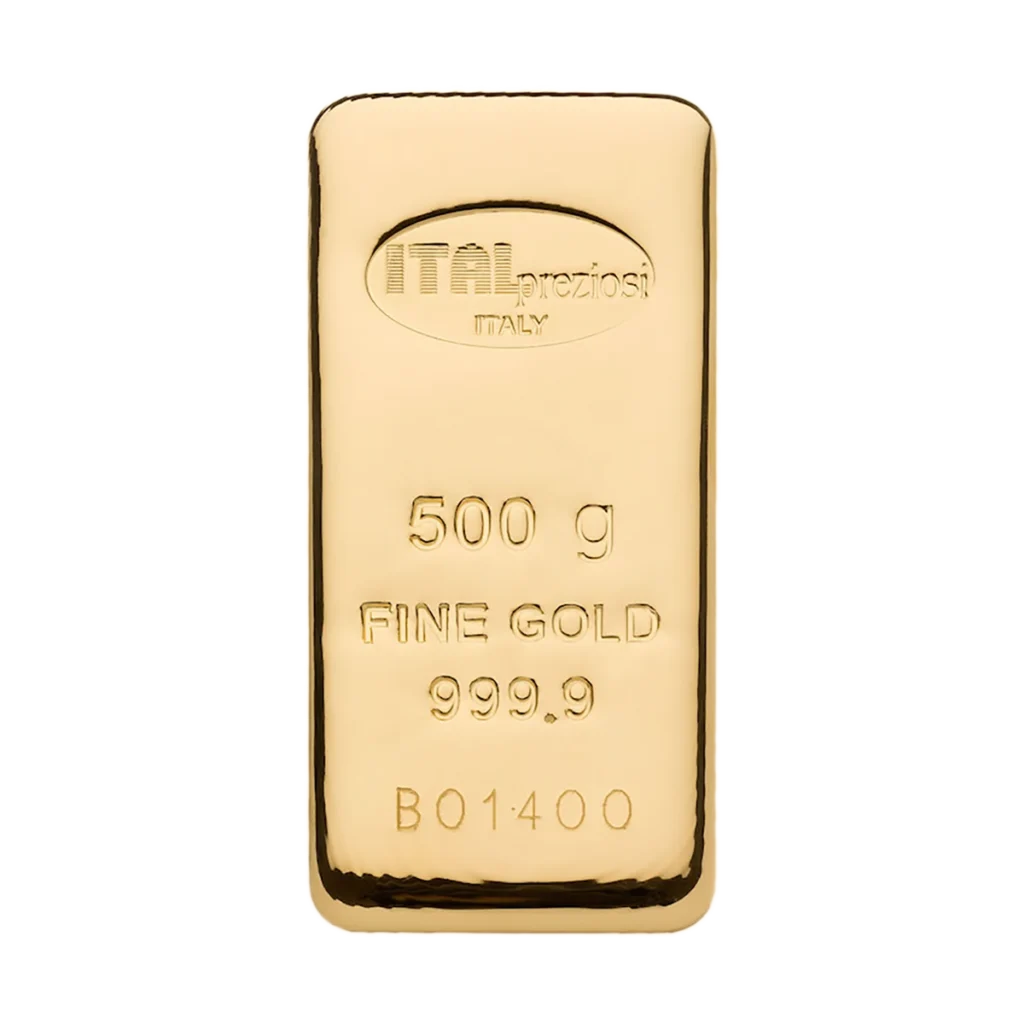 El Lingote de oro 500gr presenta inscripciones: ITALpreziosi ITALIA, 500 g ORO FINO 999,9, y el número de serie B01400 en su superficie pulida y brillante.