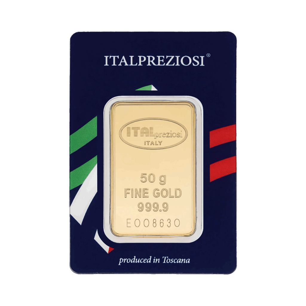 Il Lingotto Oro 50gr è un lingotto d'oro fino 999,9 50 grammi, racchiuso in una confezione blu scuro con accenti bianchi, verdi e rossi, con la dicitura "prodotto in Toscana".
