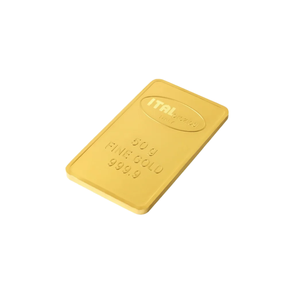 A Lingote de oro 50gr rectangular, con bordes redondeados y las inscripciones ITAL, 50 g, FINE GOLD y 999.9, posado sobre un fondo blanco.