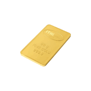 Un lingotto d'oro da 50 grammi con bordi arrotondati, marcato ITAL PREZIOSI, 50 g ORO FINE 999,9, poggia su uno sfondo bianco.