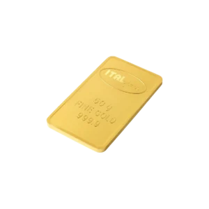 A Lingote de oro 50gr rectangular, con bordes redondeados y las inscripciones ITAL, 50 g, FINE GOLD y 999.9, posado sobre un fondo blanco.