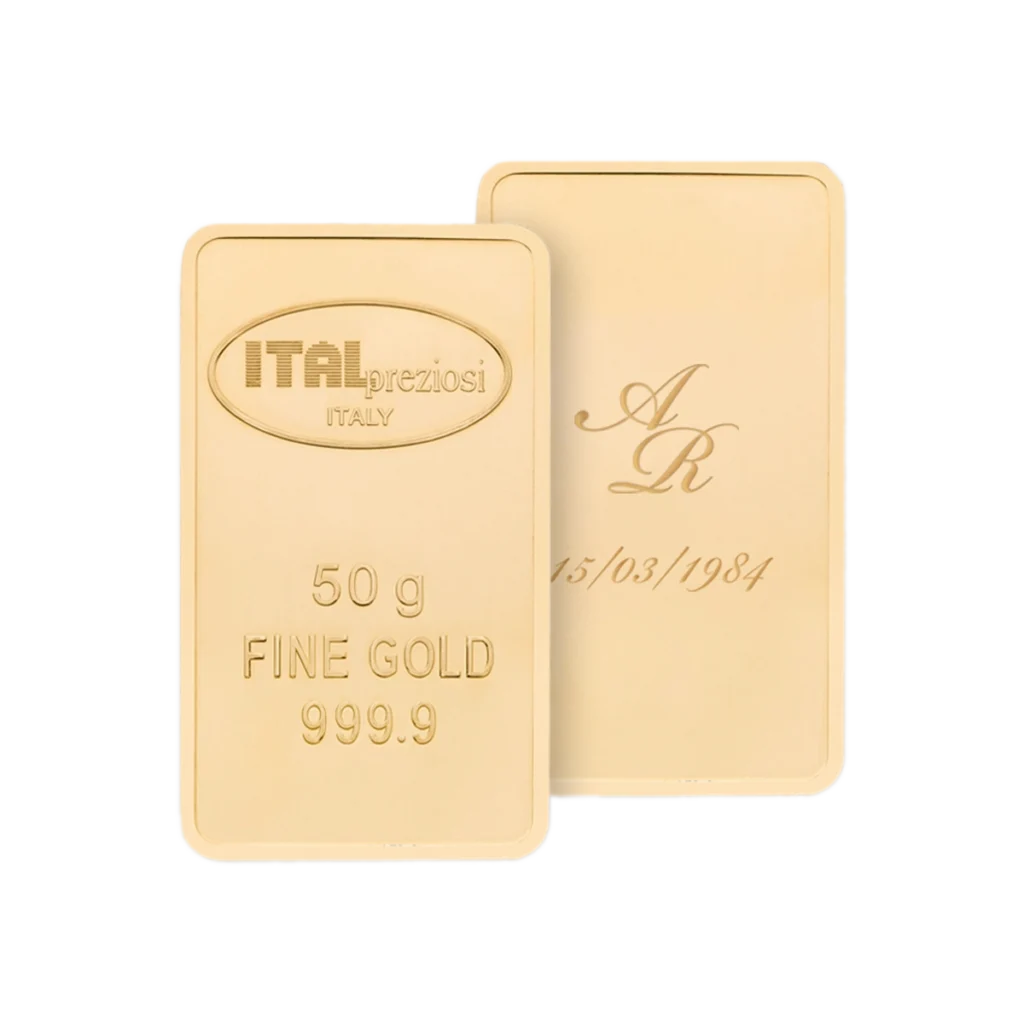 Dos lingotes de oro de 50 gr: en el anverso se lee ITALpreziosi ITALIA, 50 gr ORO FINO 999,9; en el reverso figura el monograma "AR" en cursiva y la fecha 15/03/1984.