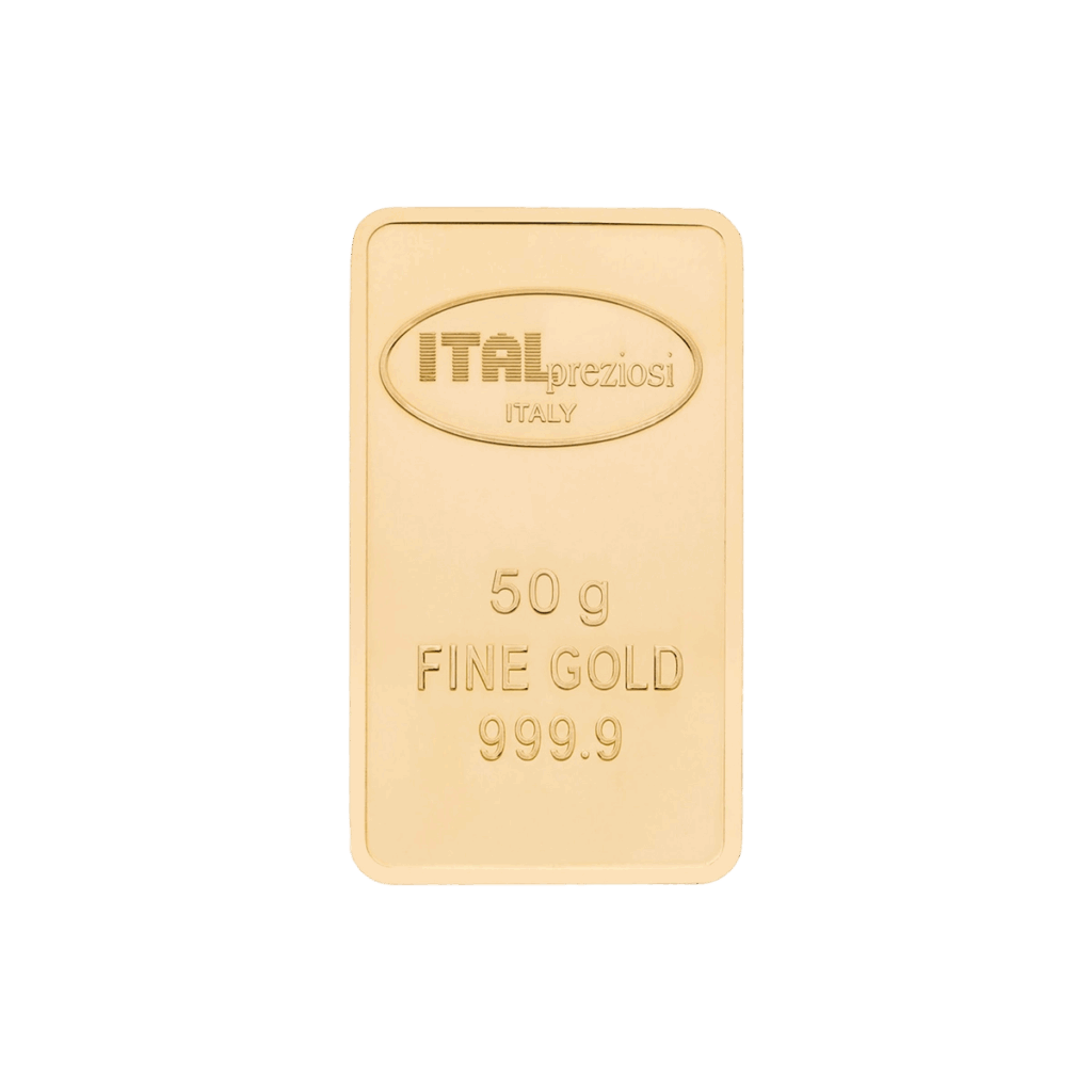 Un lingotto d'oro da 50 gr. timbrato con ITALpreziosi ITALIA, ORO FINE e 999,9 è mostrato su uno sfondo bianco.