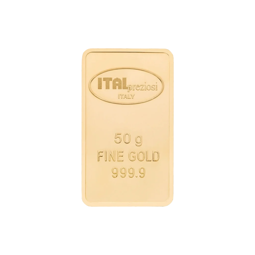 El Lingote de oro 50gr es un lingote de oro rectangular en el que figuran las leyendas ITALpreziosi ITALY, 50 g FINE GOLD y 999.9, que denotan su peso y pureza. Se presenta sobre fondo blanco.