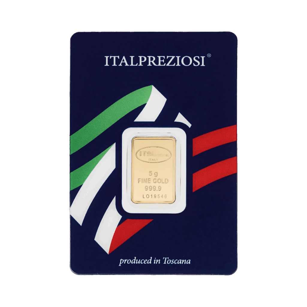 Il Lingotto Oro 5gr è un lingotto d'oro fino da 5 grammi purezza 999,9, confezionato in blu con marchio ITALPREZIOSI, strisce verdi, bianche e rosse e la scritta "prodotto in Toscana".