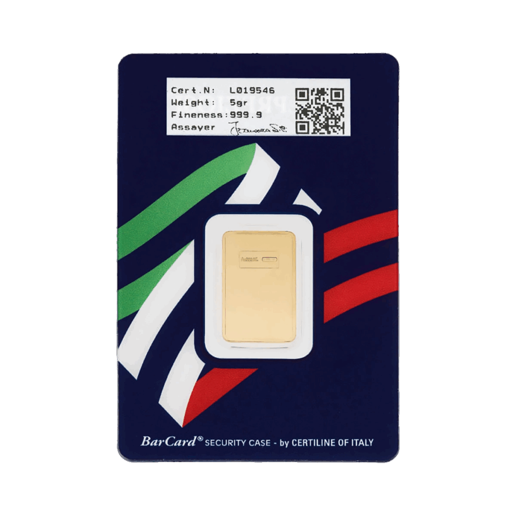 Il Lingotto Oro 5gr è racchiuso in una tessera di sicurezza con i dettagli della certificazione, tra cui il numero di certificazione, il peso di 5gr e la finezza 999,9, visualizzati su uno sfondo blu con strisce diagonali rosse, verdi e bianche.