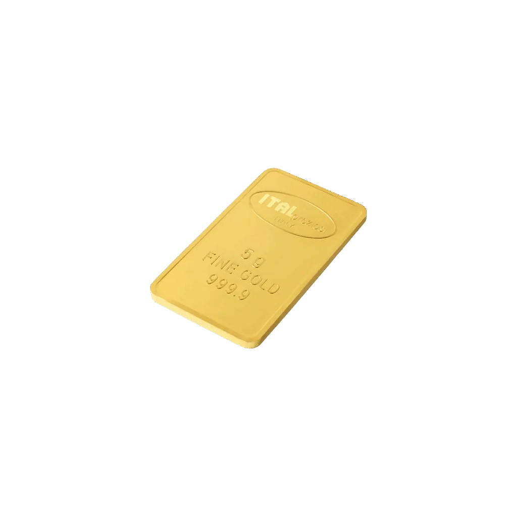 Un lingotto Oro da 5gr, rettangolare con bordi arrotondati, timbrato "ITAL PRECIOUS" e marcato "5g FINE GOLD 999.9", è mostrato su sfondo bianco.