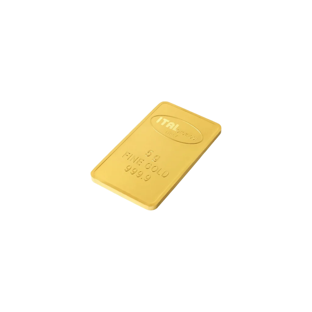 Sobre un fondo blanco liso se muestra un lingote de oro rectangular de 5 gr con bordes redondeados, etiquetado 5g FINE GOLD 999.9 ITALPREZIOSI.