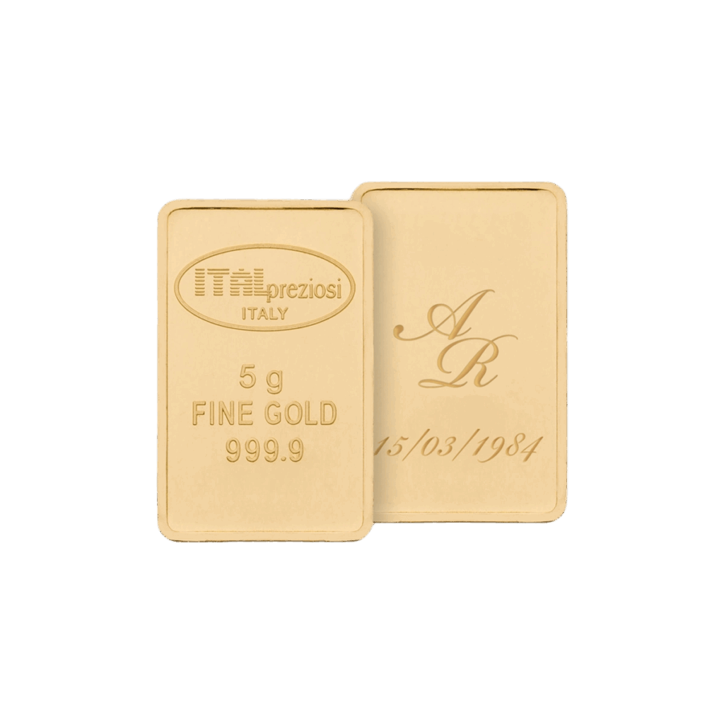 Il Lingotto Oro 5gr presenta due lingotti d'oro rettangolari: sul fronte è inciso "Italpreziosi ITALIA 5g ORO FINE 999,9", mentre sul retro sono riportate le iniziali "A R" e la data "15/03/1984".