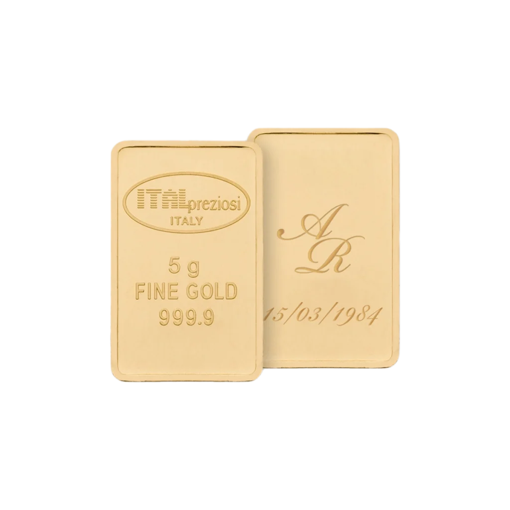 Se muestran dos lingotes de oro de 5 gr: en uno de los lados figura la mención ITALpreziosi ITALIA, 5 g ORO FINO 999,9; en el otro, las iniciales A R y la fecha 15/03/1984.
