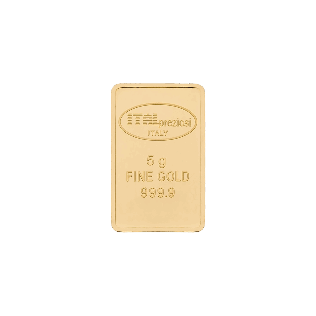 Lingotto Oro 5gr rettangolare con bordi arrotondati, con incisione "Italpreziosi ITALY, 5 g FINE GOLD 999.9" sul fronte. È centrato su uno sfondo bianco.