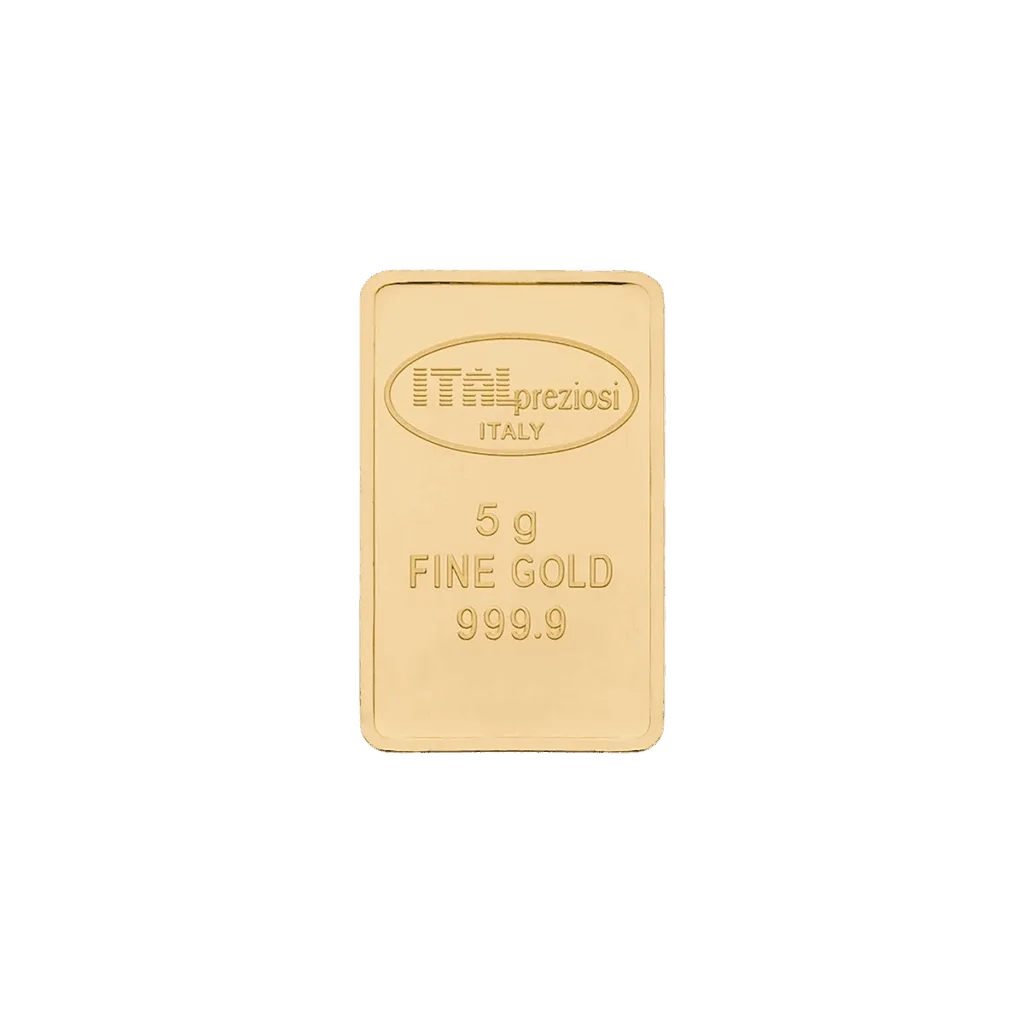 Lingotto Oro 5gr rettangolare con bordi arrotondati, con incisione "Italpreziosi ITALY, 5 g FINE GOLD 999.9" sul fronte. È centrato su uno sfondo bianco.