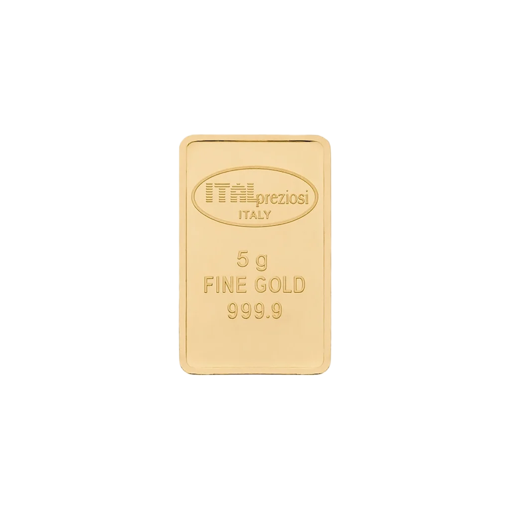 Lingote de oro 5gr rectangular con bordes redondeados, grabado con "ITALpreziosi ITALY 5 g FINE GOLD 999.9", sobre fondo blanco.
