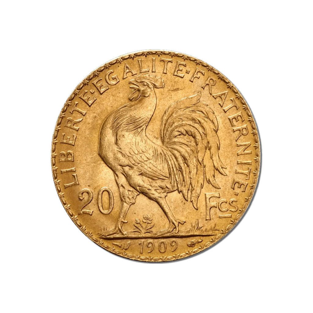 Il 20 Franchi Francesi Galletto e Marianna Oro 1899-1914 è una moneta d'oro con un gallo dettagliato al centro, LIBERTÉ ÉGALITÉ FRATERNITÉ intorno al bordo, 20 Fcs sui lati e l'anno 1909 in basso.