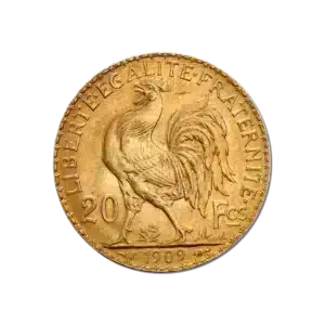 La moneda de oro de 20 Francos Franceses Gallo y Mariana Oro 1899-1914 muestra un gallo central con la inscripción "LIBERTE EGALITE FRATERNITE", marcada 20 Fcs y fechada en 1909 en la parte inferior.