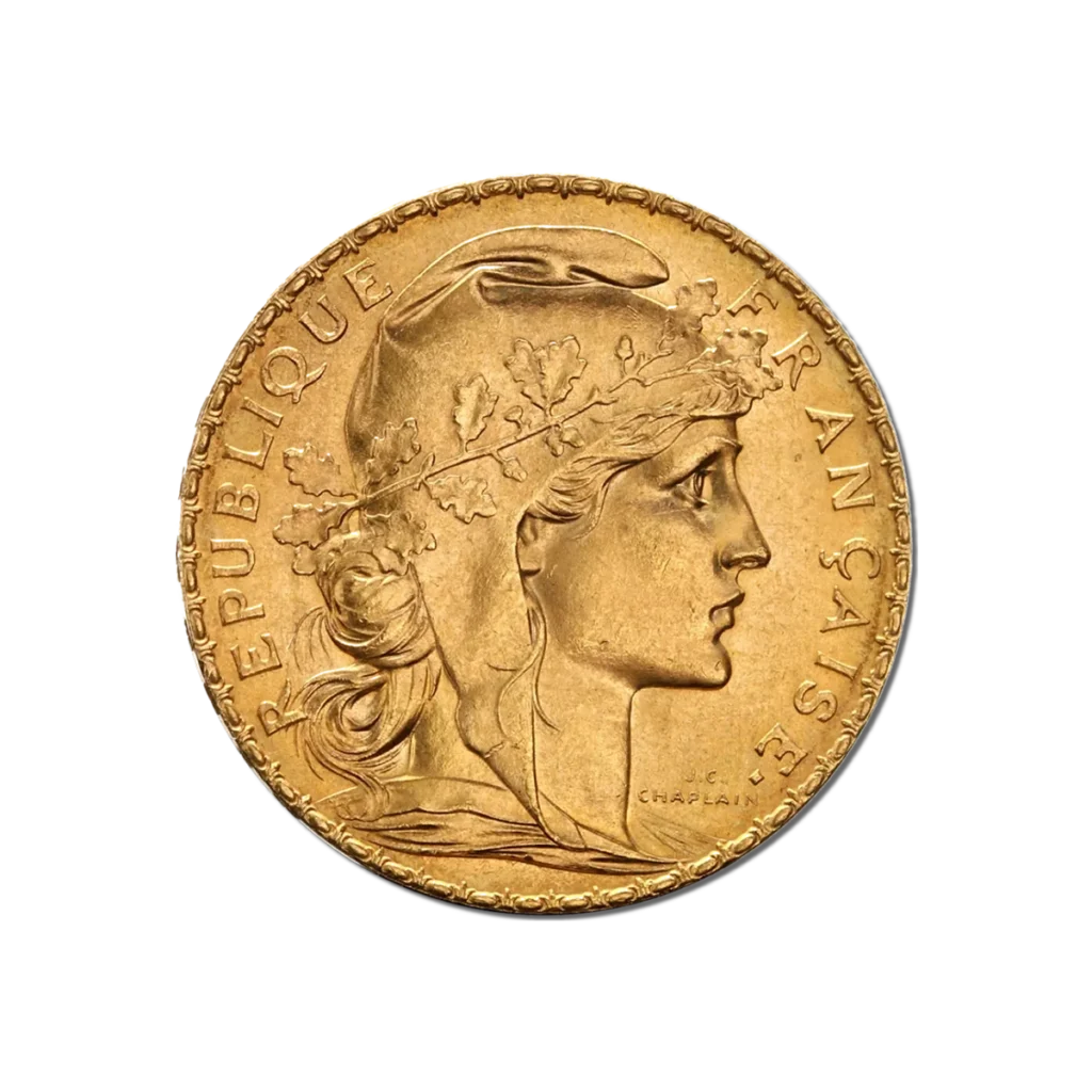 La moneda de 20 francos franceses Gallo y Mariana Oro 1899-1914 es una moneda francesa de oro en la que figura Marianne con una corona de laurel y la inscripción "REPUBLIQUE FRANÇAISE" en el canto.