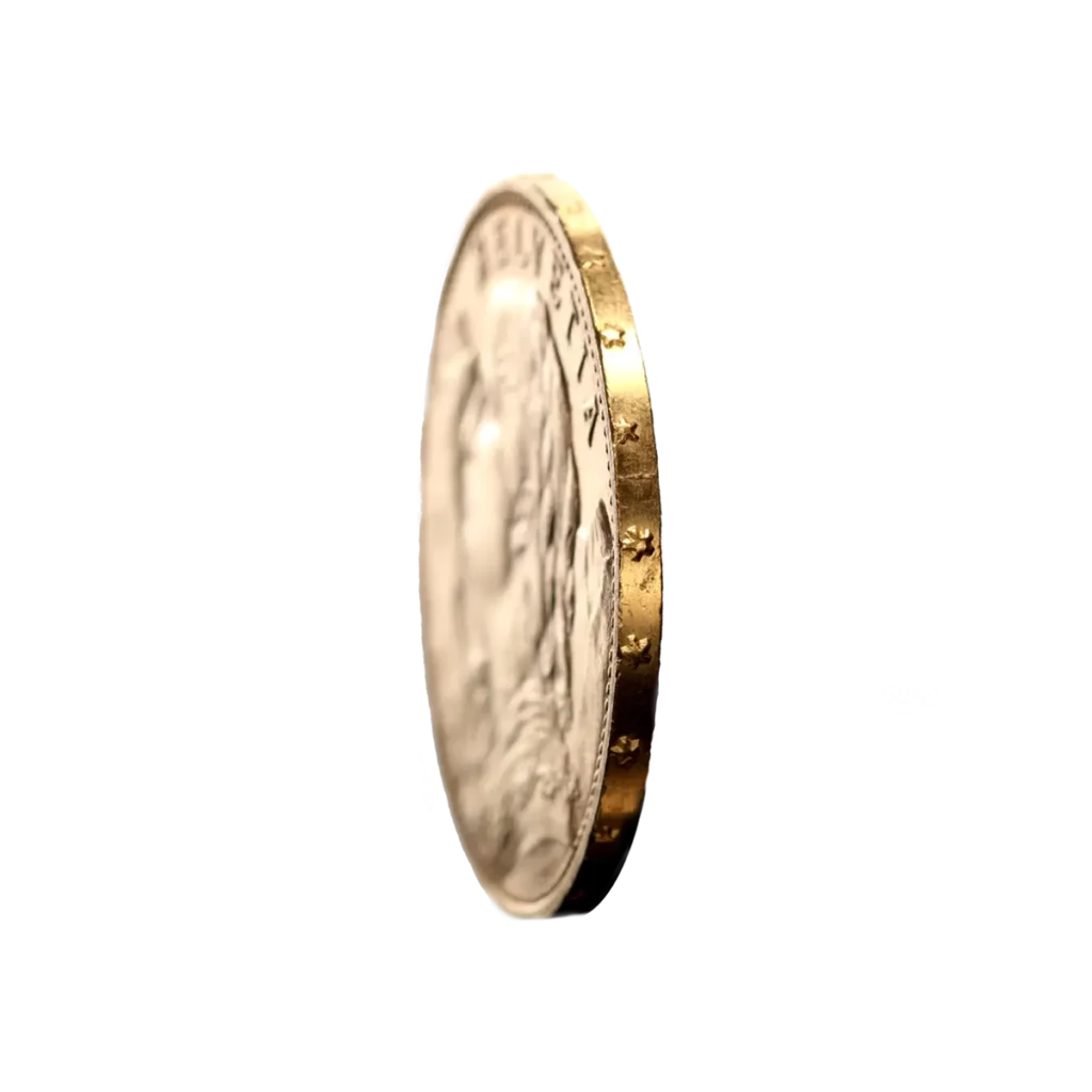 Primer plano de una moneda de oro de 20 Francos Suizos Vreneli Oro 1897-1949 en posición vertical sobre su canto, con el canto grabado enfocado y el resto de la moneda difuminado sobre fondo blanco.