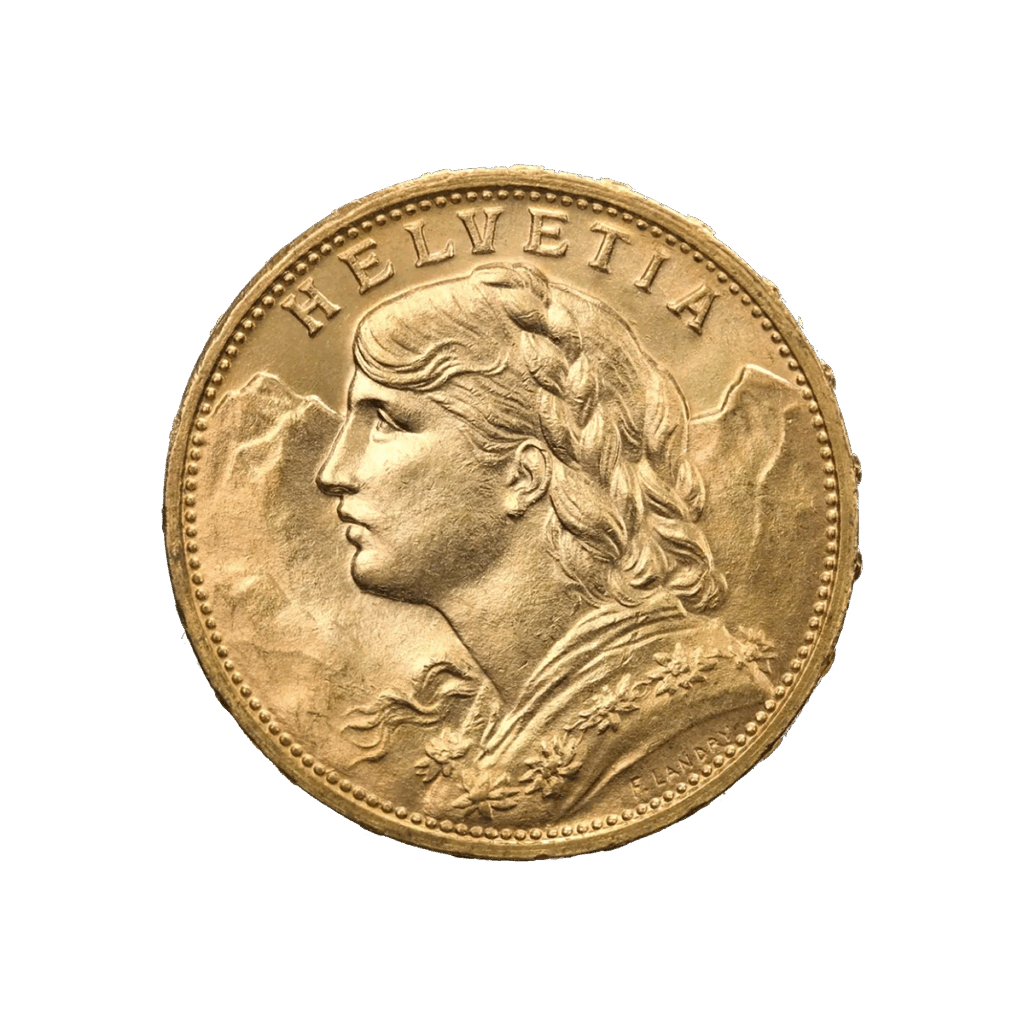 La moneta d'oro da 20 Franchi Svizzeri Vreneli Oro 1897-1949 mostra una donna con i capelli intrecciati, le montagne sullo sfondo e la scritta "HELVETIA" in alto.