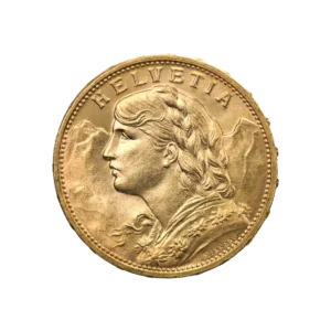 La moneda de oro de 20 francos suizos Vreneli Oro 1897-1949 muestra una mujer con el pelo trenzado de perfil, montañas al fondo y HELVETIA inscrita en la parte superior.
