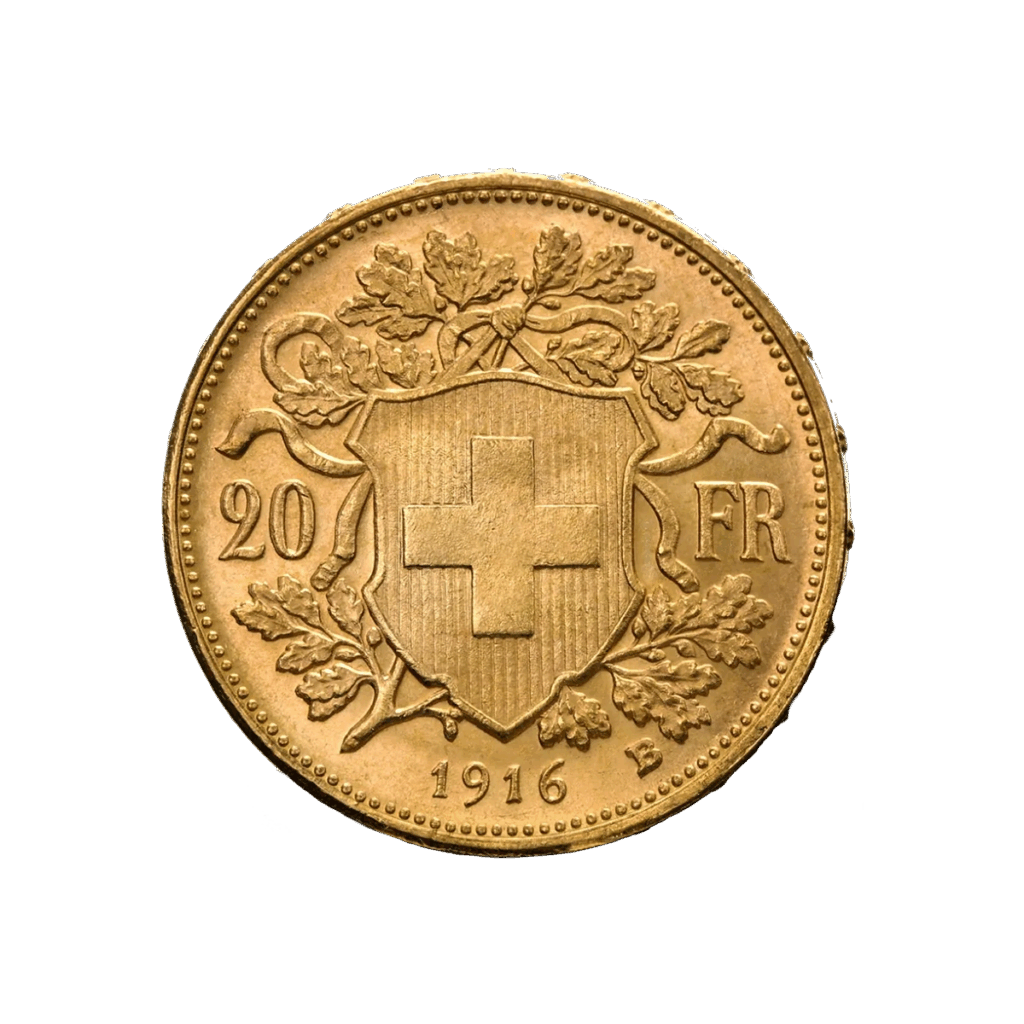 La moneta d'oro da 20 Franchi Svizzeri Vreneli Oro 1897-1949 presenta uno scudo con croce svizzera circondato da rami, 20 FR su ogni lato e l'anno 1916 in basso.