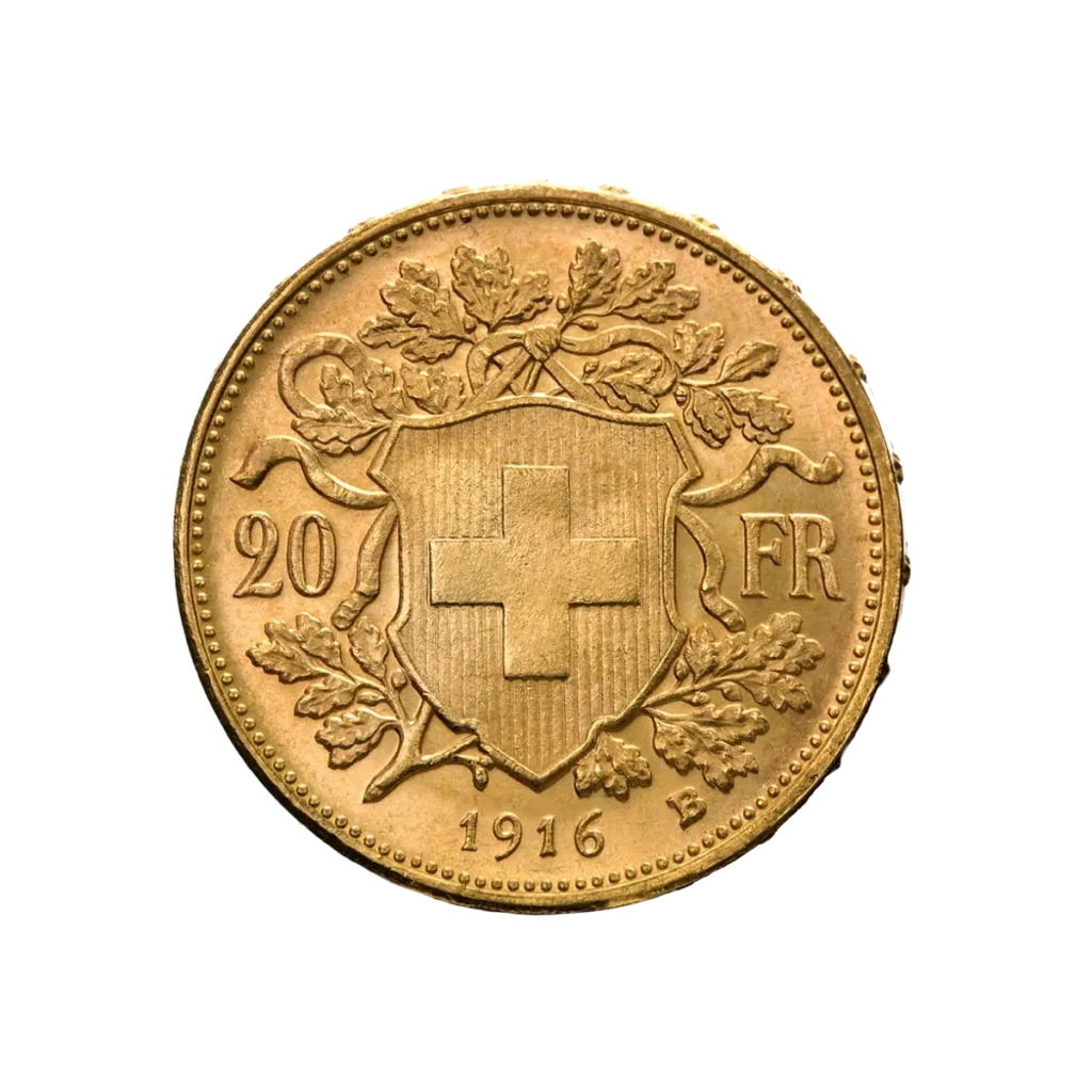 La moneda de 20 francos suizos Vreneli Oro 1897-1949 es una moneda de oro con un escudo con una cruz, ramas de roble, el valor "20" a la izquierda, "FR" a la derecha y el año 1916 en la parte inferior.