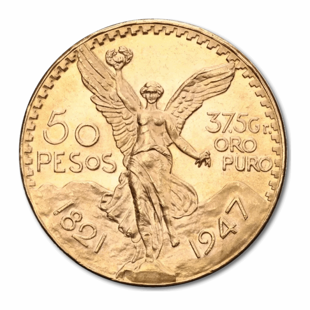 La moneta da 50 Pesos Messicani Oro - 1821-1947 presenta sul dritto la statua della Vittoria Alata, la scritta "50 Pesos", gli anni 1821 e 1947, la scritta "37,5g ORO PURO" e le montagne sullo sfondo.