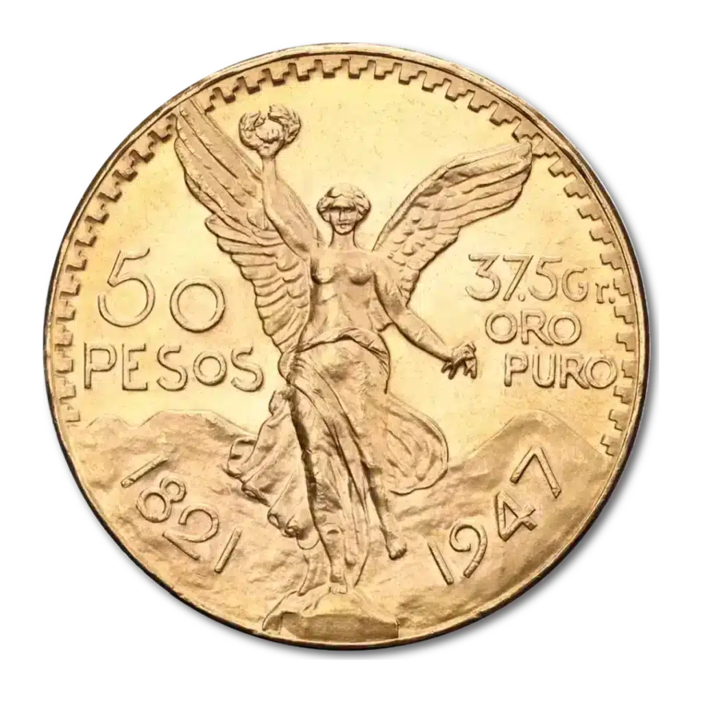 La moneda de 50 Pesos Mexicanos Oro - 1821-1947 muestra la estatua de la Victoria Alada en el centro, montañas detrás y las inscripciones "50 PESOS", "37.5g ORO PURO", "1821" y "1947".