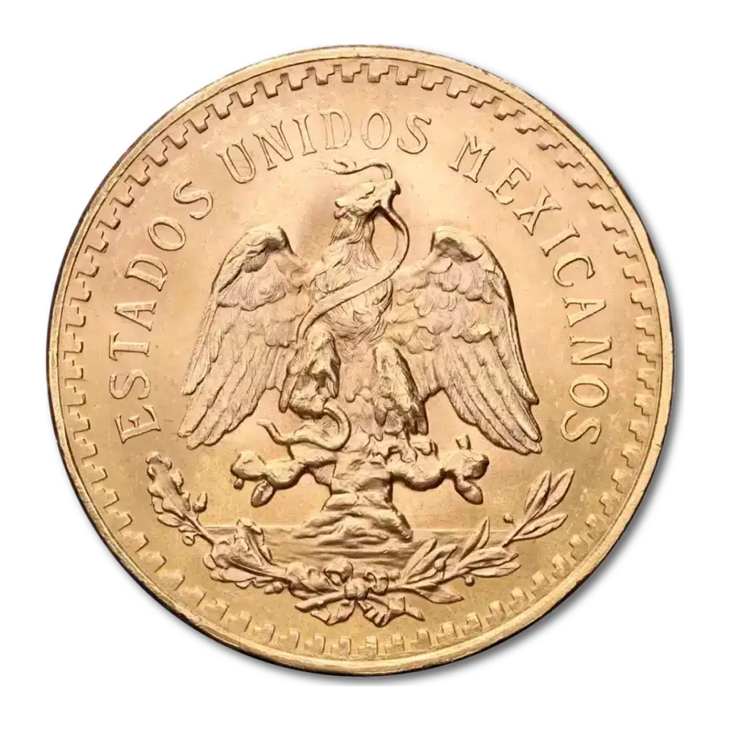 La moneda de oro de 50 Pesos Mexicanos Oro 1821-1947 muestra un águila con una serpiente en el pico, posada en un cactus sobre una corona, con la inscripción "ESTADOS UNIDOS MEXICANOS" alrededor del borde.