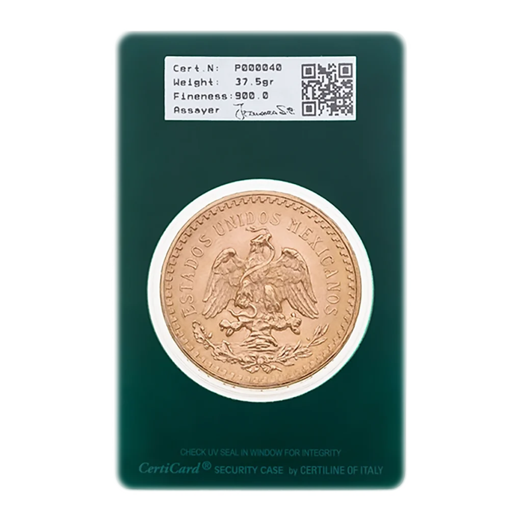 Moneda de oro de 50 pesos de México con un águila y una serpiente, presentada en un estuche CertiCard verde que muestra el número de certificado, el peso, la ley, un código QR y la firma.