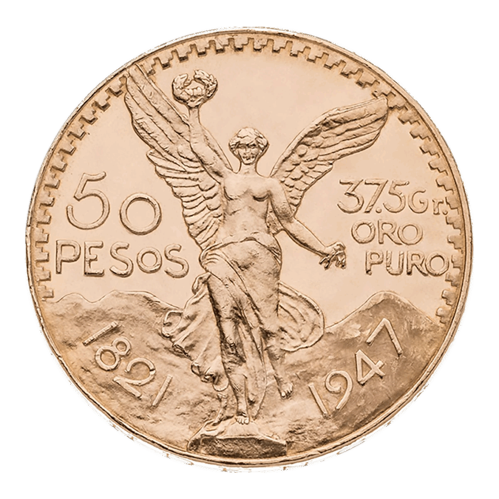 La moneta d'oro da 50 Pesos del Messico raffigura una statua della Vittoria alata con montagne, 50 PESOS, 37,5 Gr. ORO PURO, e gli anni 1821 e 1947 incisi sul fronte.